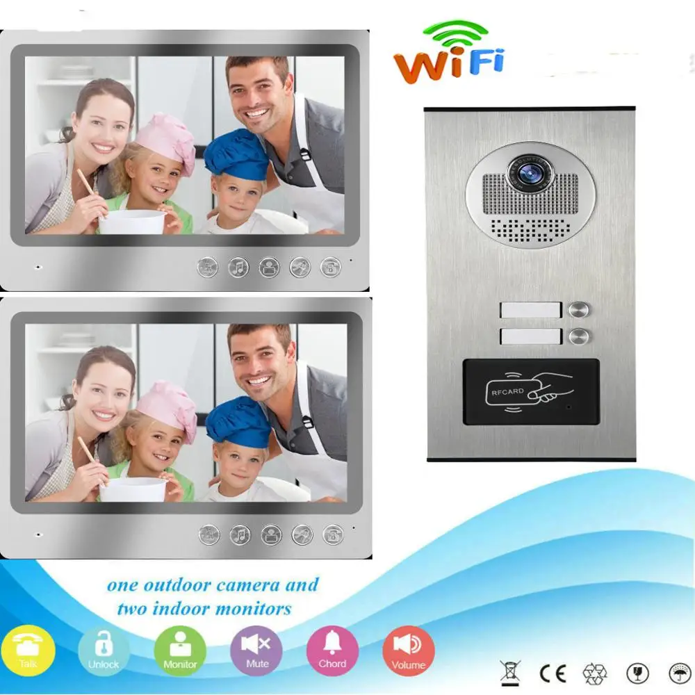 

SmartYIBA 9 Inch Monitor Wireless Wifi App Remote Video Doorbell Intercom RFID Unlock Mobile View HD Camera IR-Cut For 2 Units