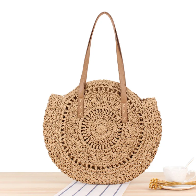 

Beach Bag Round Straw Vintage Raffia Handmade Woven Shoulder Packs Circle Rattan Pack Bohemian Summer Vacation Casual Bags