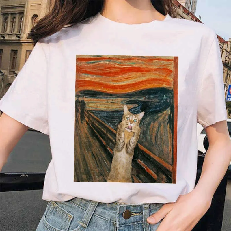 Van gogh женская футболка с рисунком кота, Рисунок маслом, решетка, принт, новая милая женская футболка, Повседневная футболка Harajuku, забавная футболка ulzzang grunge - Цвет: 9263