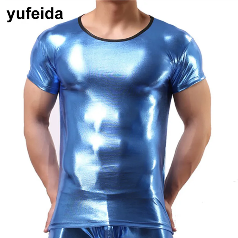 Блестящие мужские футболки из искусственной кожи для вечеринок ночных