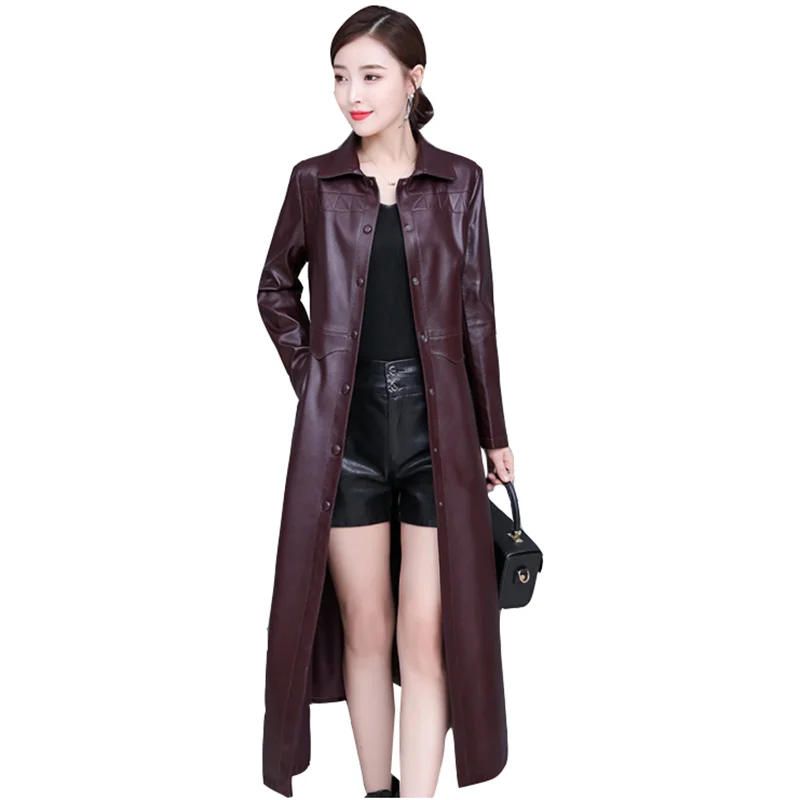 Высококачественная кожаная женская размера плюс модная ветровка средней длины