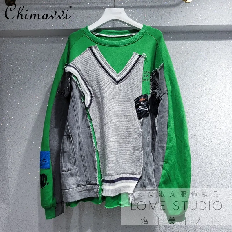 

Women Sweetshirts Vintage Clothes Stitching Denim Knitted Oversize Pullover Women's Long Sleeve Top Free Shipping Products
