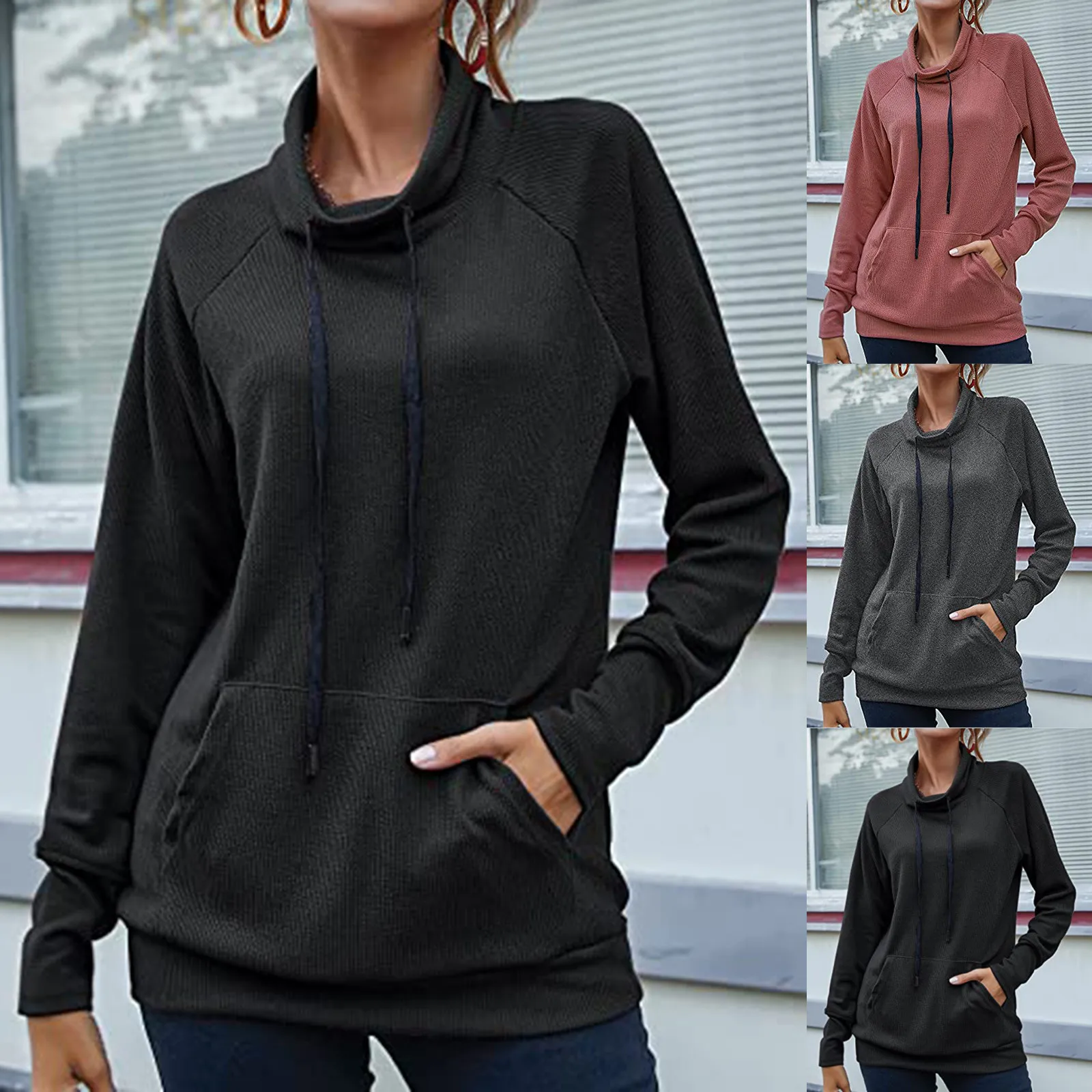 

Женская толстовка с капюшоном, Осень-зима, повседневный однотонный топ с высоким воротником и винтовым узором, элегантные винтажные размер...
