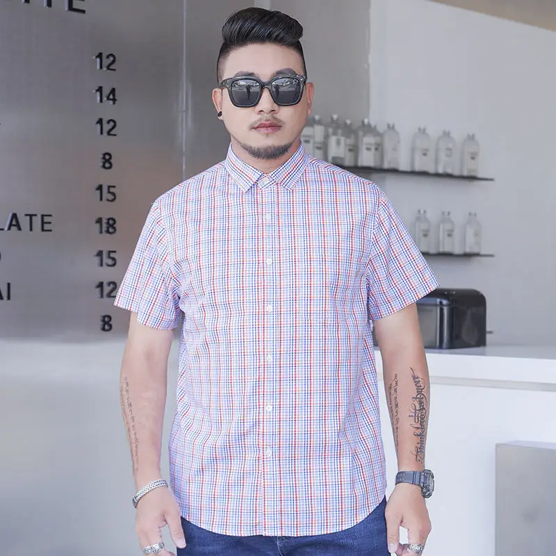 

Summer large Short Sleeve Plaid shirt for middle-aged and young people, loose and thin, fattening, oversized cotton, fat and