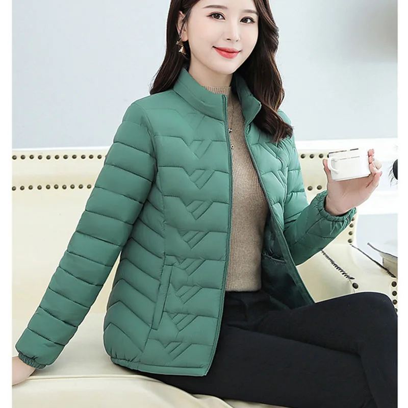 2021 Fashion Thin Slim-Fitting Cotton-Padded Jacket Solid Color Stand-Up Collar Middle-Aged Elderly Mothers Padded Short Coat