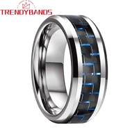 blue black carbon fiber inlay tungsten carbide rings wedding band for men women beveled edges polished shiny comfort fit