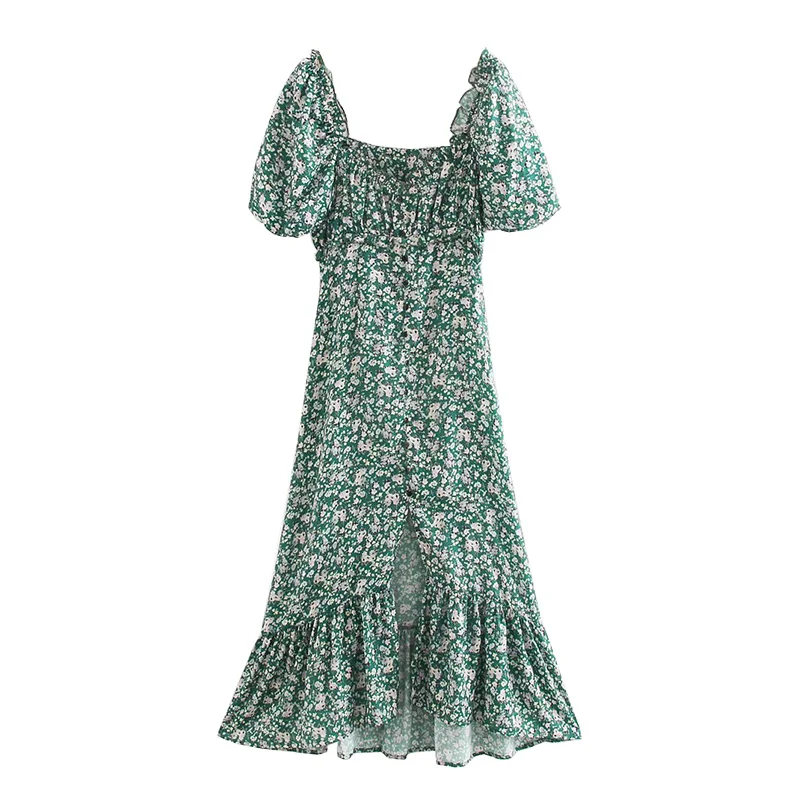 

Women Chic Fashion Floral Print Ruffled Midi Dress Female Vintage Square Collar Short Sleeve Slit Female Dresses Mujer New 2020