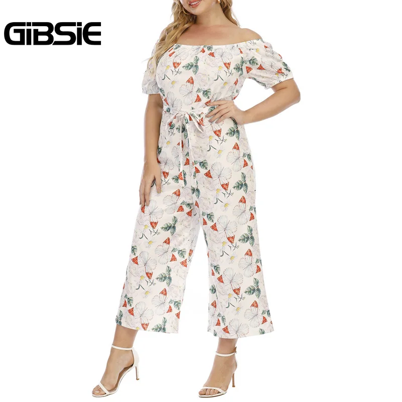 

GIBSIE размера плюс с открытыми плечами с принтом в виде бабочек с широкими штанинами женская летняя футболка с короткими рукавами для отдыха ...