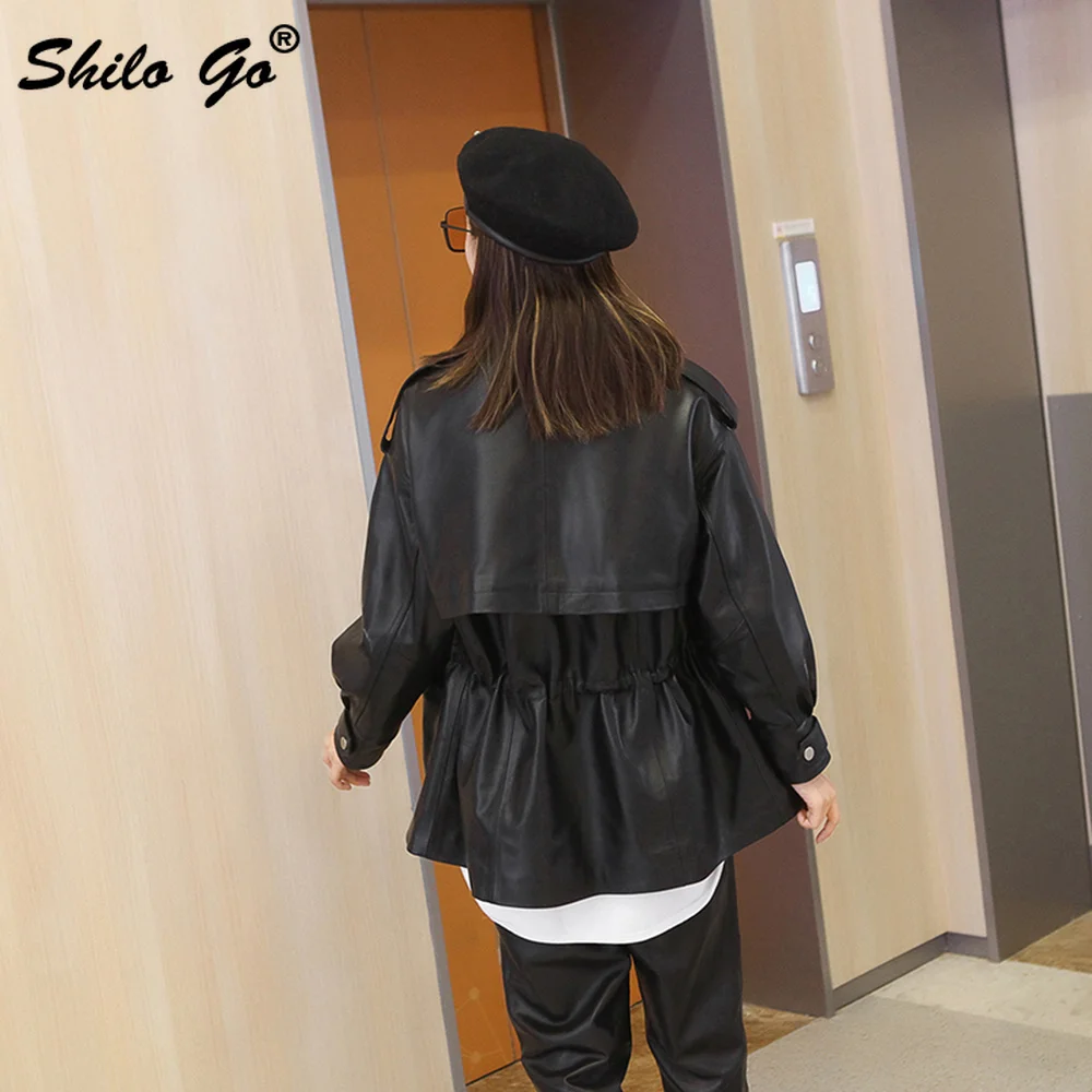 

Safari Style Solid Black Draestring Waist Drop Shoulder Jacket Women Winter Casual Genuine Leather Coat Sheepskin Outwear Female