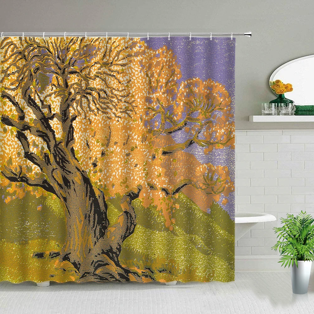 

Forest Scenery Oil Painting Design Landscape Waterproof Decorative Shower Curtains Bathroom Art Screen With Hooks Bathtub Decor