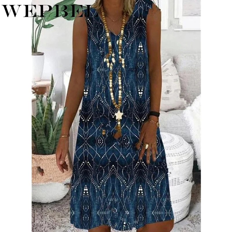 

WEPBEL Sleeveless Midi Dress Homewear V Neck Print Women Fashion Summer Loose Dress