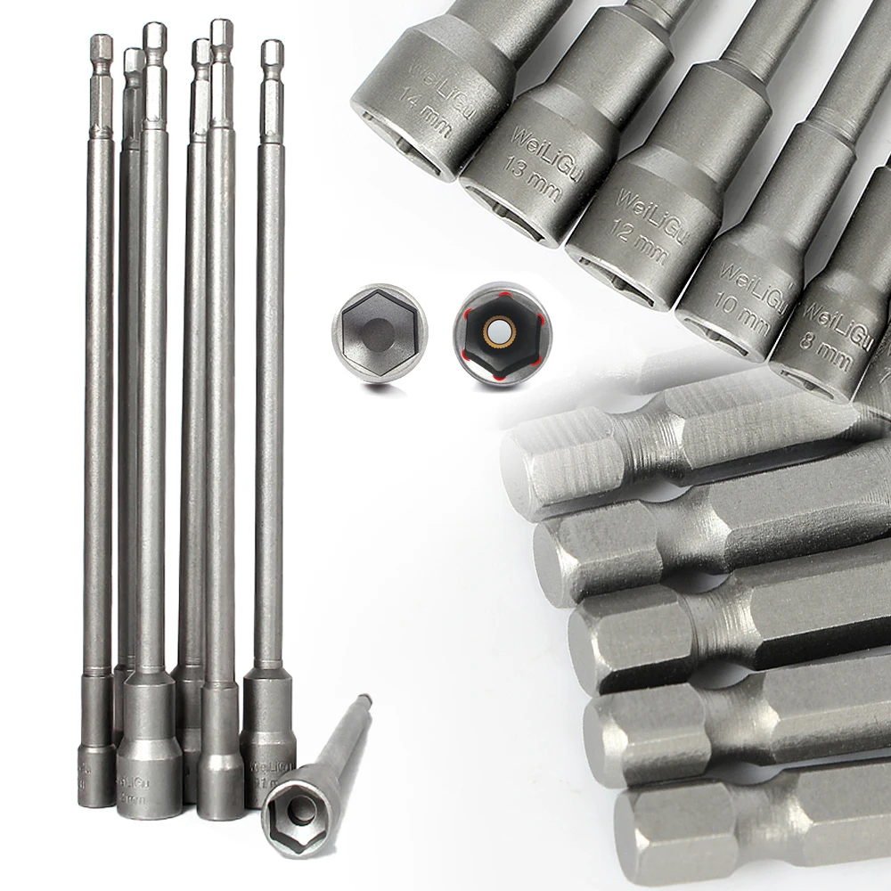 

1/4" Hex Magnetic Nut Driver Socket Wrench Impact Screwdrive Power Drill Bit 5.5 7 8 11 12 13 14 19mm 200/250mm Length CRV Tools