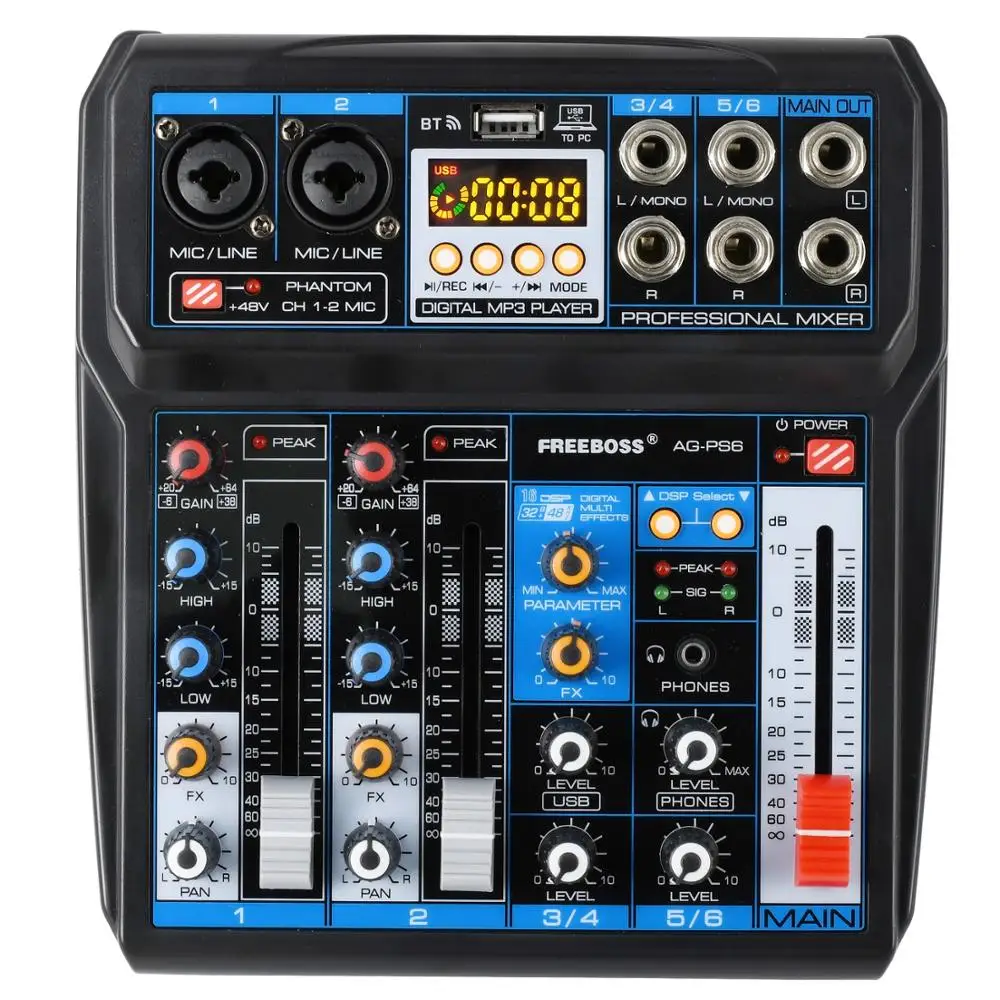 

Freeboss AG-PS6 DC 5V Bluetooth Computer Record Sound Card USB Record 6 Channel 2 Mono 2 Stereo 16 Digital Effects Audio Mixer