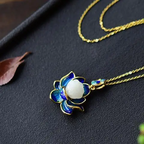 

S925 Sterling Silver Hetian Jade Lotus Seedpod Cloisonne Pendant Vintage Lotus Necklace White Jade Pendant Vintage Clavicle