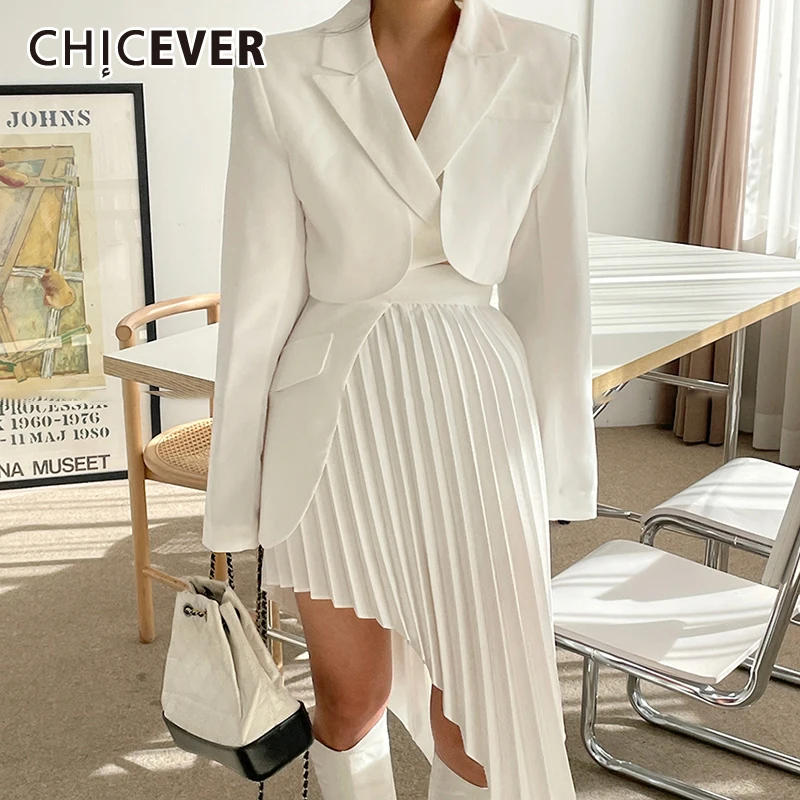 

CHICEVER корейский элегантный белый комплект из двух предметов для женщин с зубчатым длинным рукавом блейзер с высокой талией Асимметричная юб...