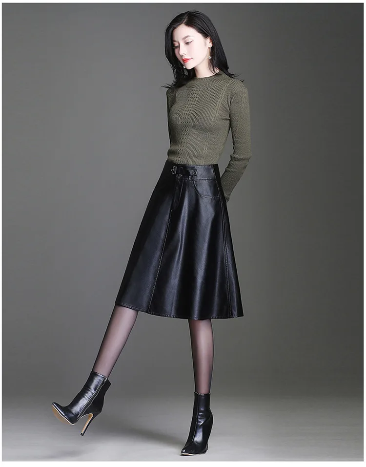 

Women High Waist Black PU Leather Skirt Autumn Winter Fashion Plus Size Female Elegant Chic Big Swing A-line Knee-Length Skirts