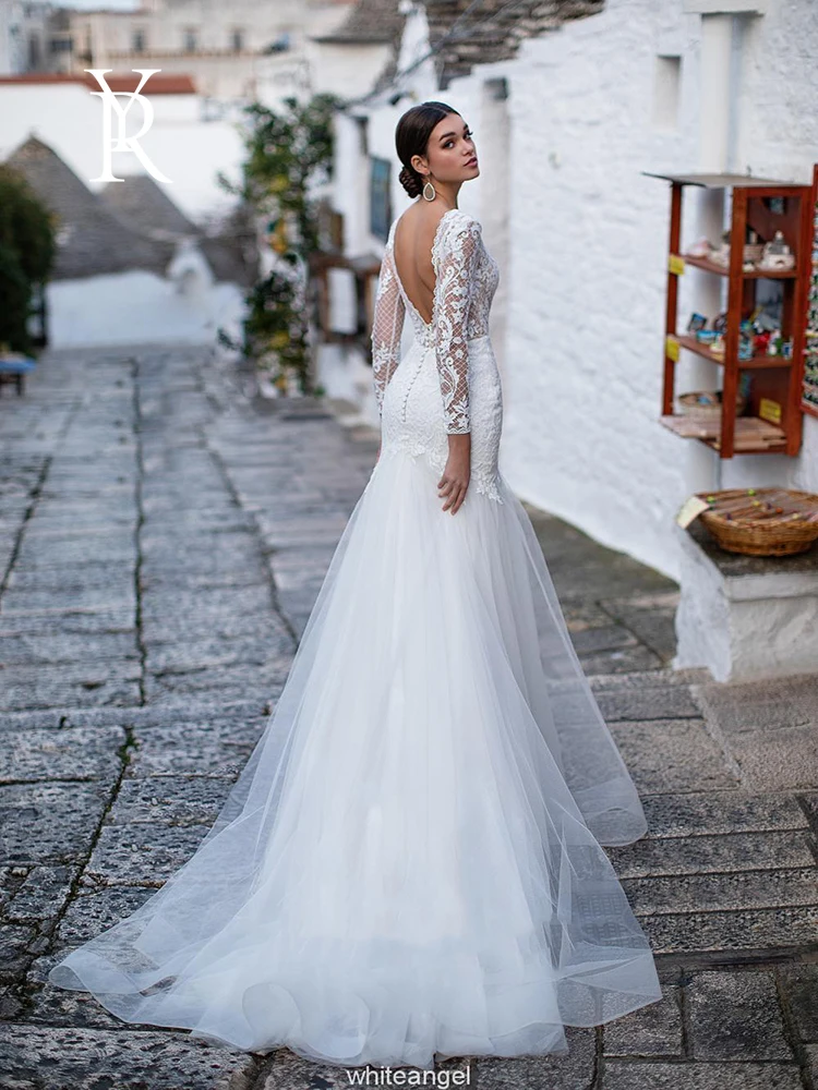 

YILIBER Mermaid wedding dress long sleeve v-neck wedding gown lace trailing embroidery decoration backless