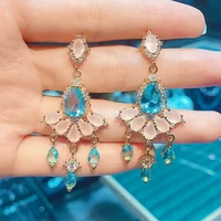 new design long pendant earring for party delicate accessorie water drop pink and blue zircon earrings birthday gift lady trendy