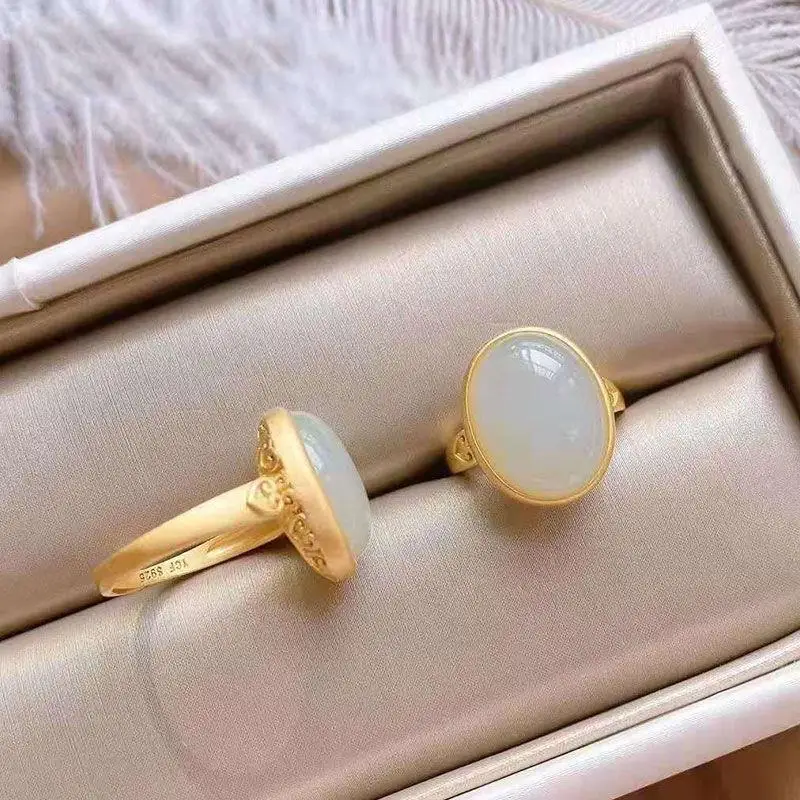 

S925 Sterling Silver Natural Hetian Jade Egg Surface Ring Women's Retro Ruyi Auspicious Cloud Switchable Index Finger Ring Adjus