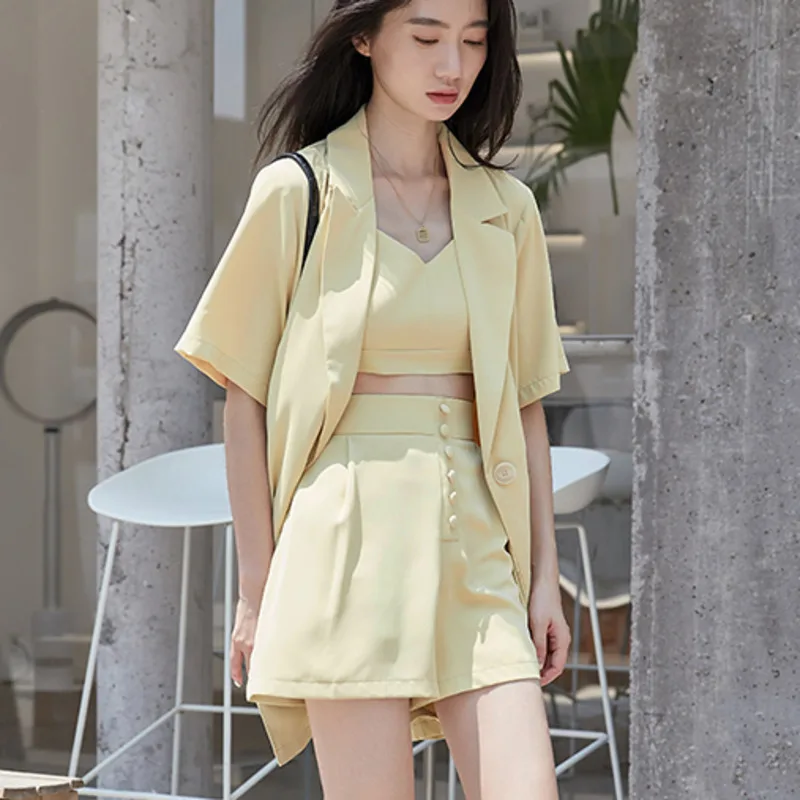 

2021spring Top Women Three Pieces Suits Blazers+Camisole+Shorts Casual Solid Jackets Biker Shorts Ensemble Femme Womens Outfits