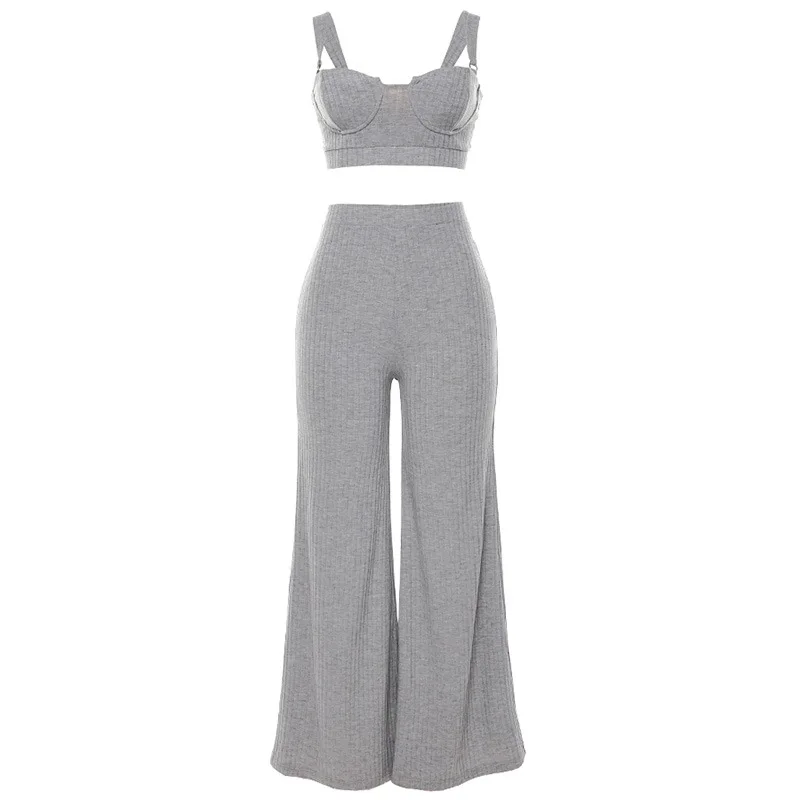 

Summer Two Piece Set Women Sexy Bodycon Tank Top + High Waist Wide Leg Pants Casual Suit Female Nightclub Vetement Femme 2021