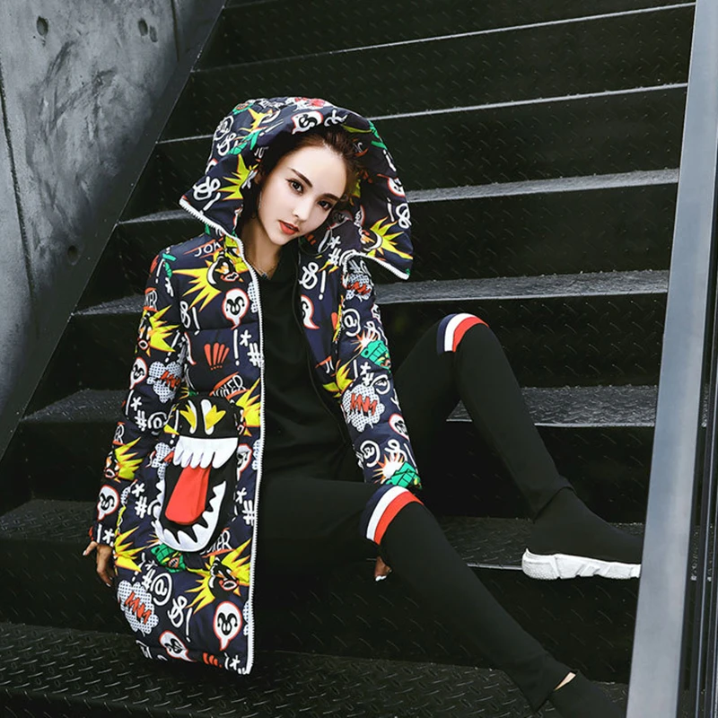 GALCAUR Print Cartoon Women's Down Jackets Hooded Long Sleeve Zipper Warm Thick Female Coats 2019 Winter Plus Size Fashion New | Женская