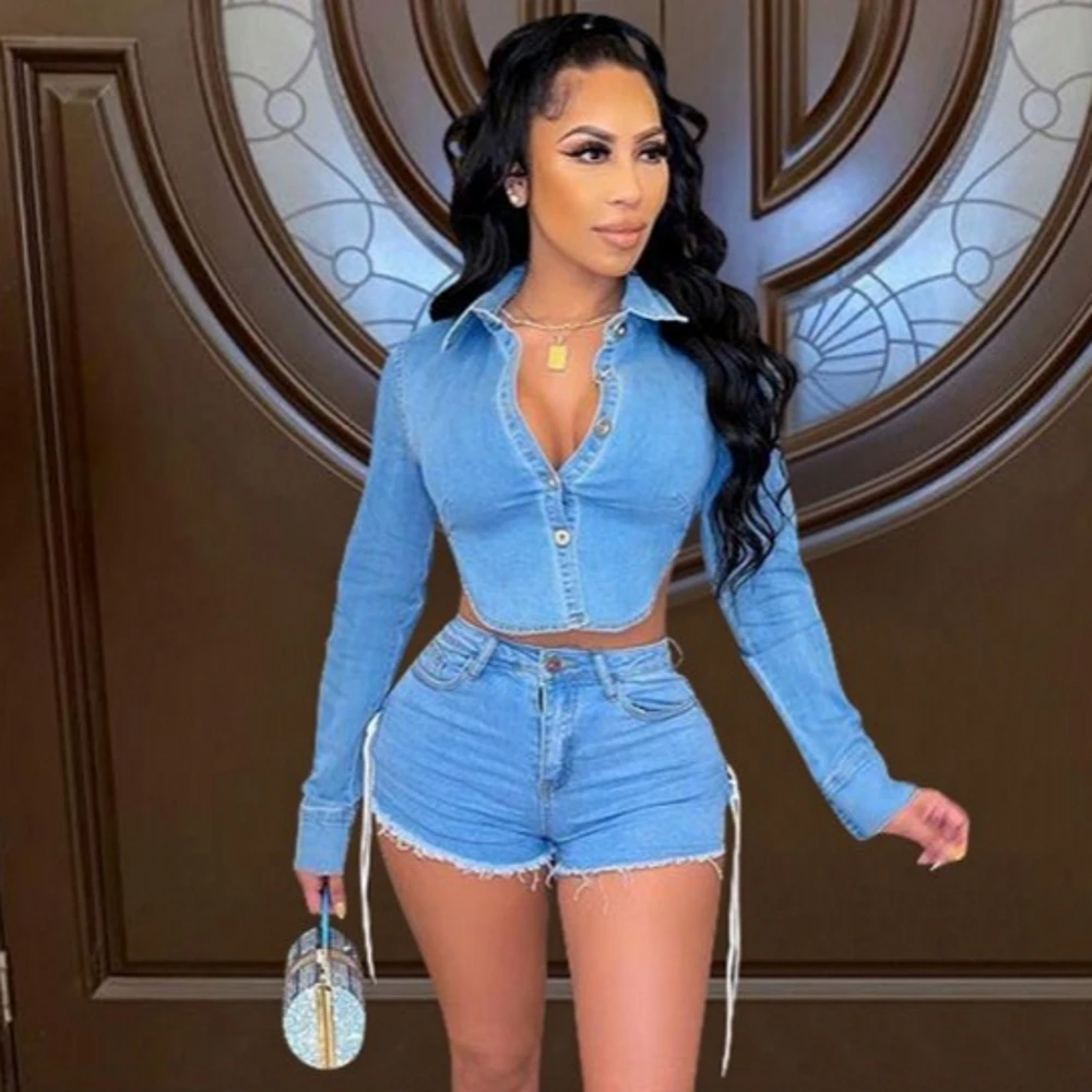 

Fashion Women Outfits Denim Tassel Shorts And Turn Down Collar Backless Jacket Shirt Top Suit Sexy Two 2 Piece Short Set