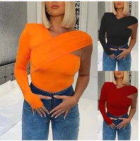 2022 autumn and winter womens new solid color fashion sexy off shoulder long sleeved stretch slim bottoming t shirt