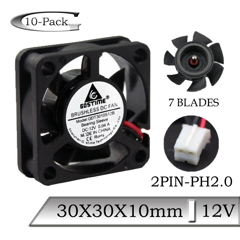 10 шт./лот Gdstime 12 в 30x30x10 мм 30 бесщеточный 7 лопастей DC осевой мини радиатор