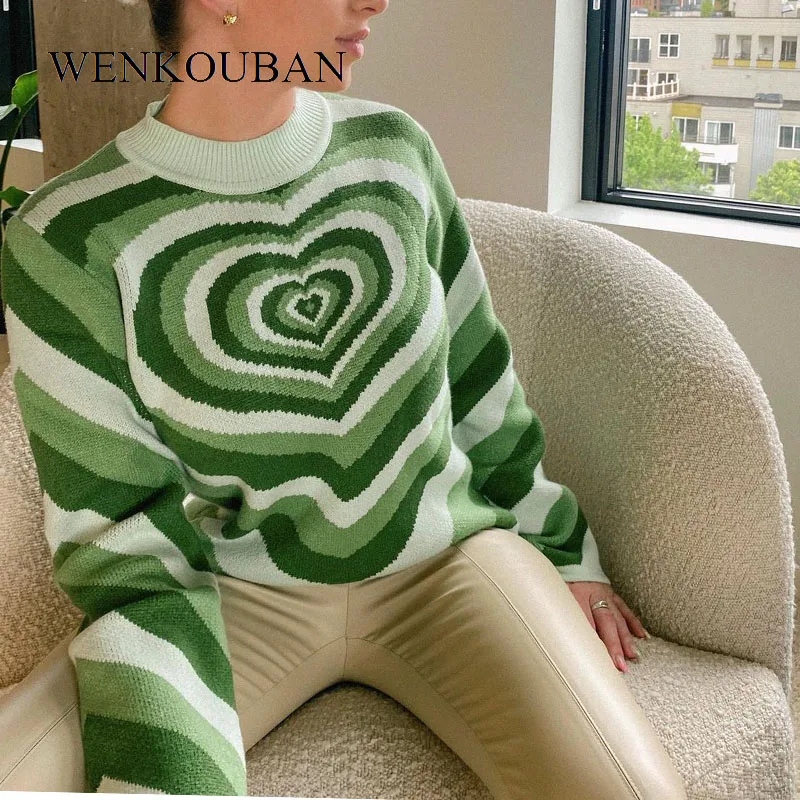 

Y2K Green Srtiped Sweater Rainbow Pullover Ladies Pink Heart Turtleneck Women Aesthetics Y2K Sweater Warm 90s Knitwear 2021