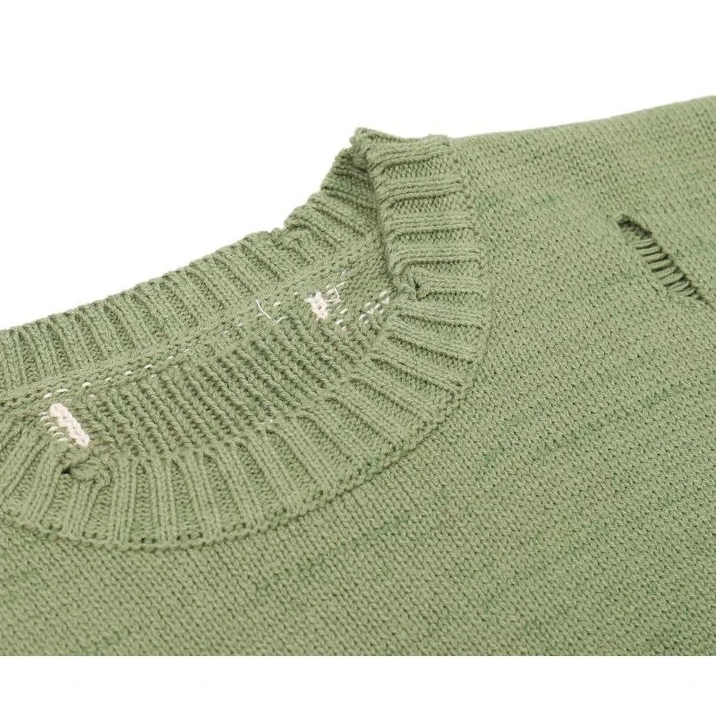 

Men Oversized Sweater Green Skeleton Bone Print Couple High Quality High Street Damage Hole Vintage Pure Cotton Knitted Sweater