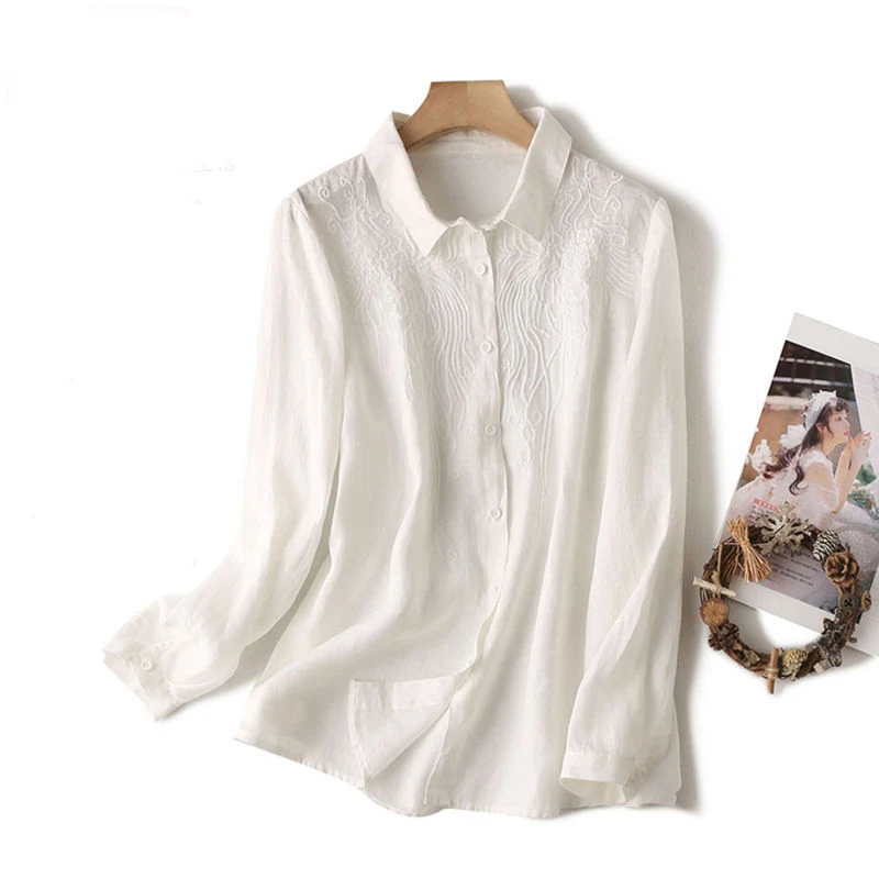 100% Cotton Linen Shirt Plus size Women Clothing Embroidered Blouse Button up Long sleeve Top Female White Office Ladies Casual
