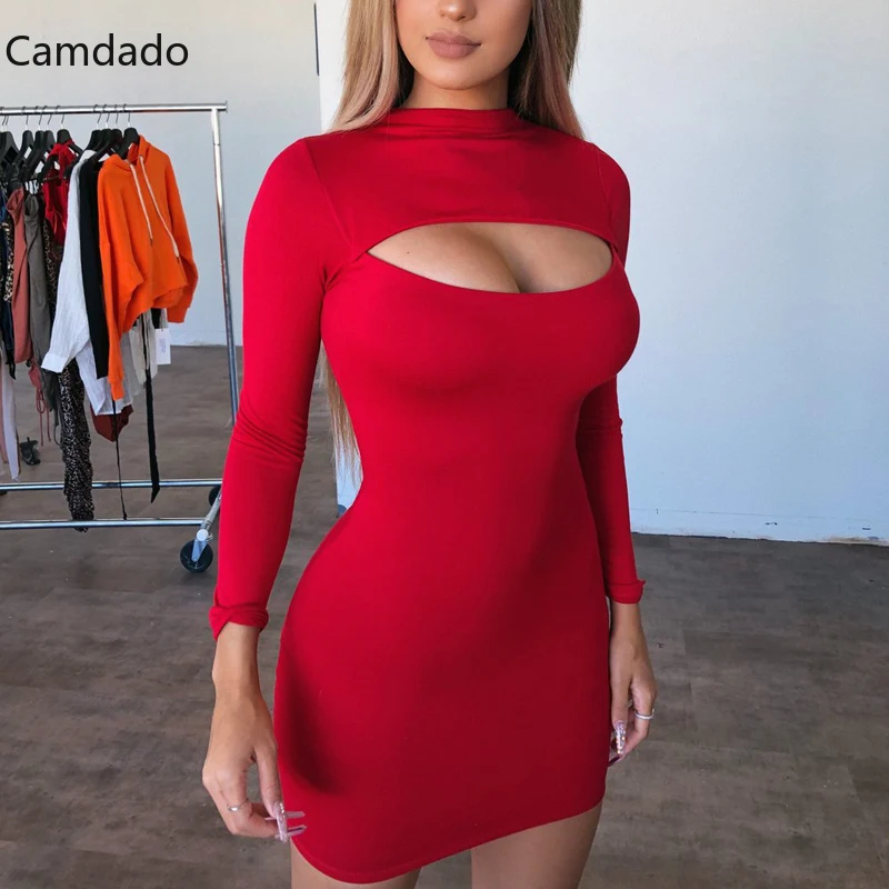 

Autumn Sexy Women Dress Mini Half High Neck Bust Hollow Out Long Sleeve Solid Elegant Club dress for women 2021 Bodycon