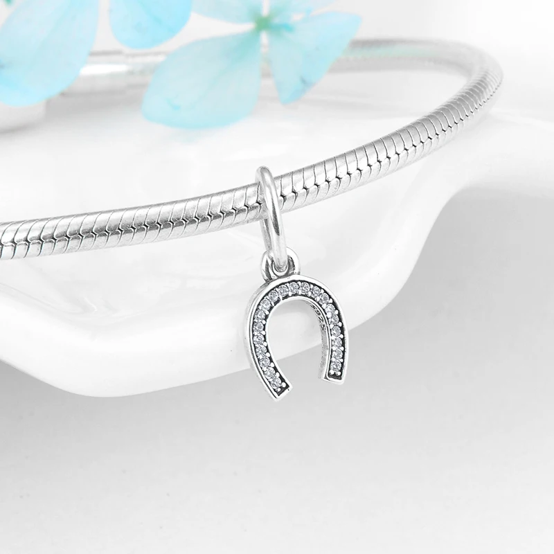 Real 925 Sterling Silver Horseshoe U shape zircon charms beads Fit Original PANDORA Charm Bracelet Jewelry making | Украшения и