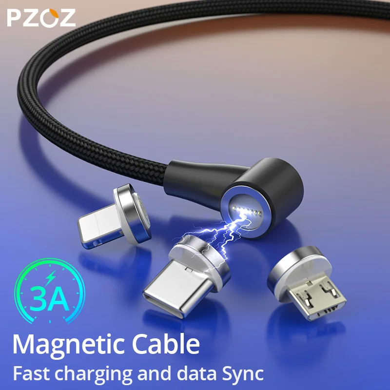 Магнитный кабель PZOZ USB Micro USB/Type C/Lightning для быстрой зарядки с угловым штекером