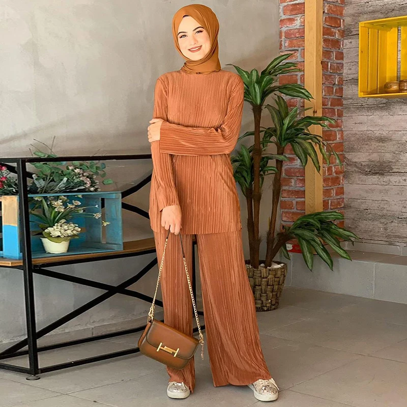

Muslim Fashion 2021 New Elasticity Wide-leg Pants Suit Dubai Turkey Abaya Loose Solid Prayer Wear Women Two piece Muslim Sets