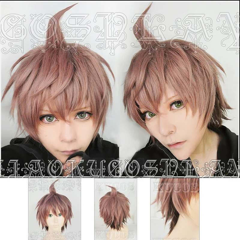 

Naegi Makoto-Peluca de cabello sintético resistente al calor, Danganronpa, Ronpa, Cosplay, para fiesta de Halloween, con gorro