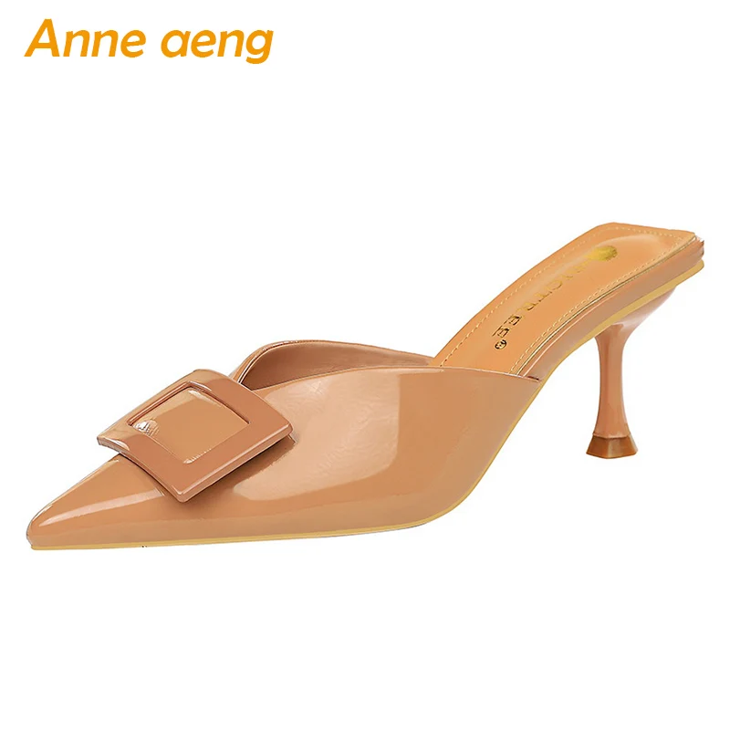 

2020 New Summer Outside Women Slippers 6cm High Thin Heel Pointed Toe Solid Sexy Ladies Women Shoes Female Nude Mules Slides