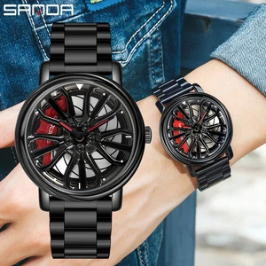 Men Fashion Hot Sell Car Rim Wristwatch 360 Degree Rotating Wheel Rim Dial Watches Stainless Steel W
