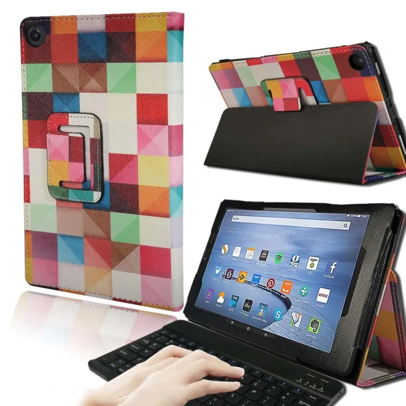 Rainbow Square KK&LL для Amazon Fire HD 10(7/5 поколение, / выпуск) Bluetooth клавиатура+ умный планшет кожаный чехол-книжка - Цвет: Rainbow Square