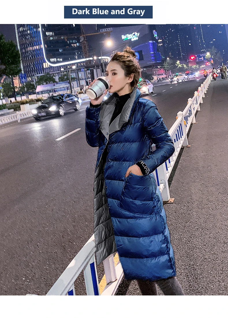 Double Sided Women's Down Jacket Long Winter Turtleneck White Duck Down Coat Female Double Breasted Plus size Warm Plaid Parkas