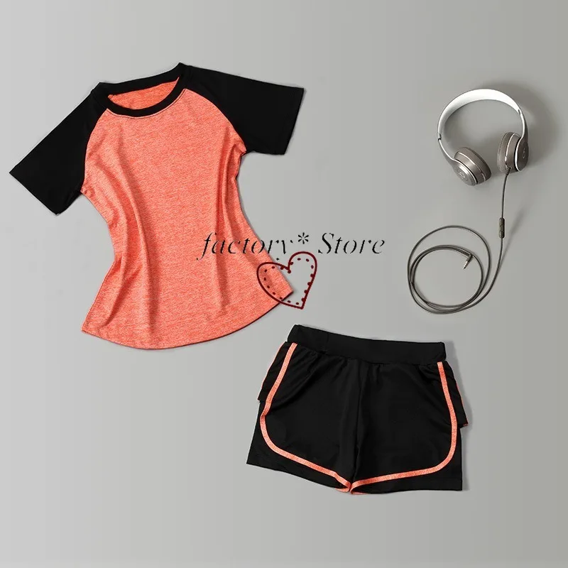 

Women Tracksuit Two Piece Set Top and Pants Summer Gym Clothes Running Short-Sleeved Mock Two-Piece Shorts Clothing