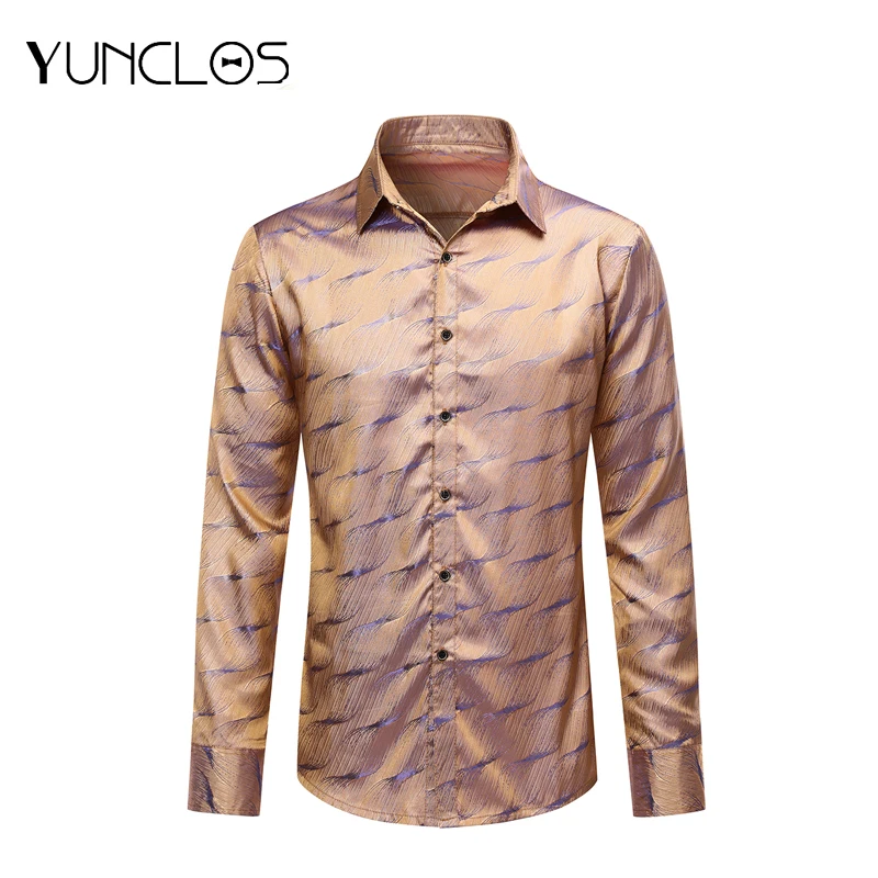 

YUNCLOS Banquest Wedding Party Shirts For Men 2021 Spring New Arrival Men's Long Sleeve Lapel Shirt Goldfish Pattern Male Shirts