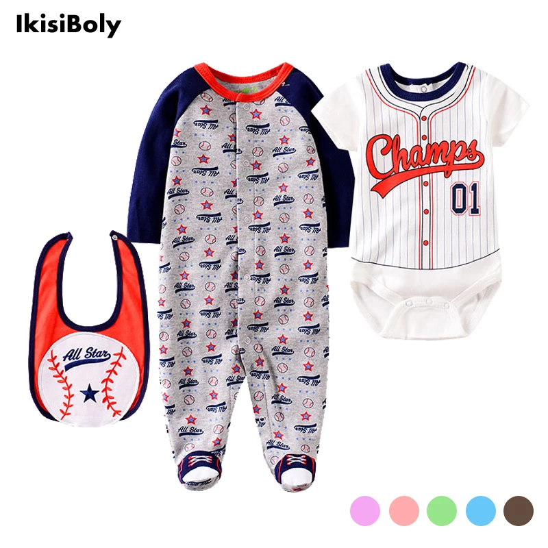 

Newborn Boys 3 Pack Set Baby Play Jumpsuits 0-12M Toddler Girl Clothes Bibs Bodysuits Footie Long Sleeve Romper Cartoon Outfits