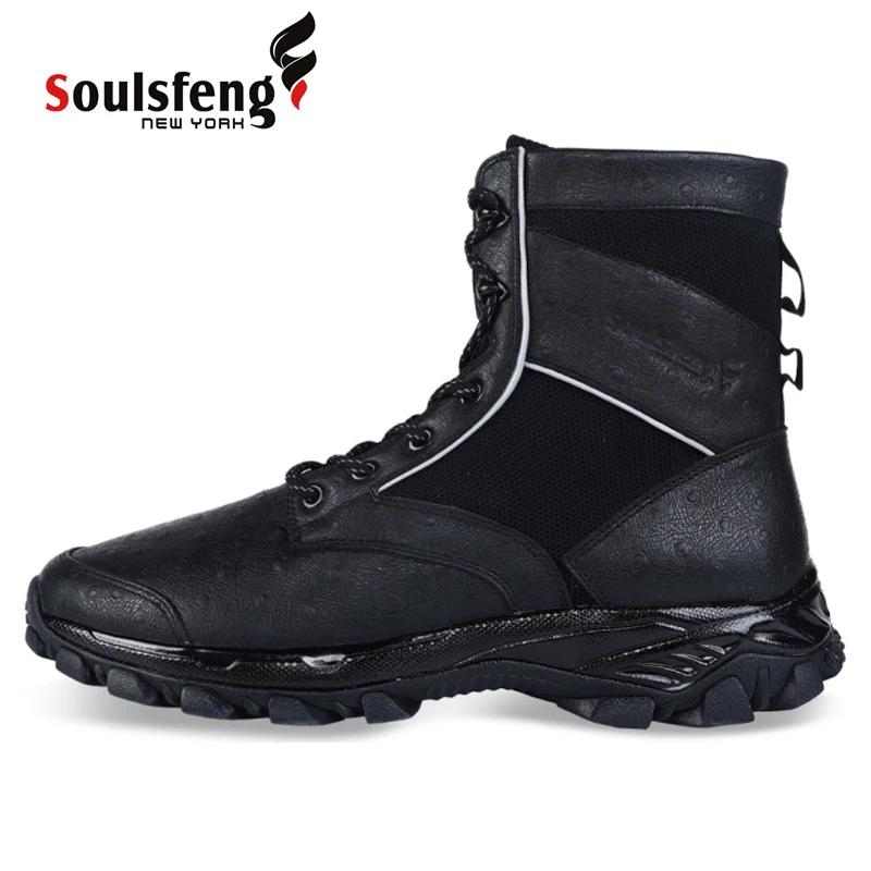 Soulsfeng Black Mens Military Boot Combat Ankle Boot Tactical Big Size 46 Army Boot Male Shoes Work Safety Shoes Motocycle Boots