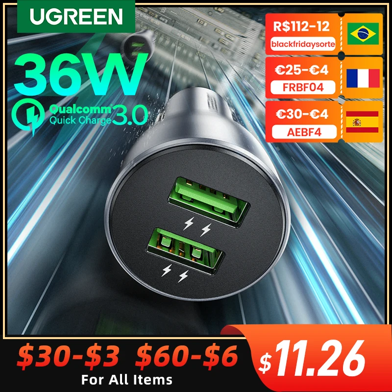 

UGREEN Car Charger Quick 3.0 Charge USB QC 3.0 Car Charging Fast Charger for Samsung Xiaomi Mobile Phone Car USB Charger