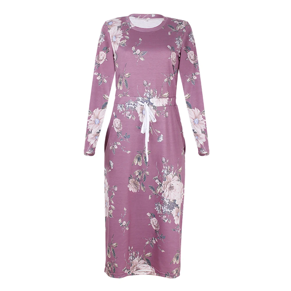 

Fashion Floral Dress Long Sleeve Long Dress Lace Up Waist O Neck Flowers Women Dresses Pockets Casual Midi Dresses S-2XL