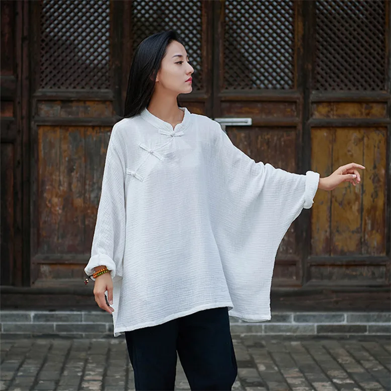 

2022 Autumn Bat Sleeve blouse Vintage Women Cotton Linen Solid Color shirts Women Clothes Casual Shirt 12 colors