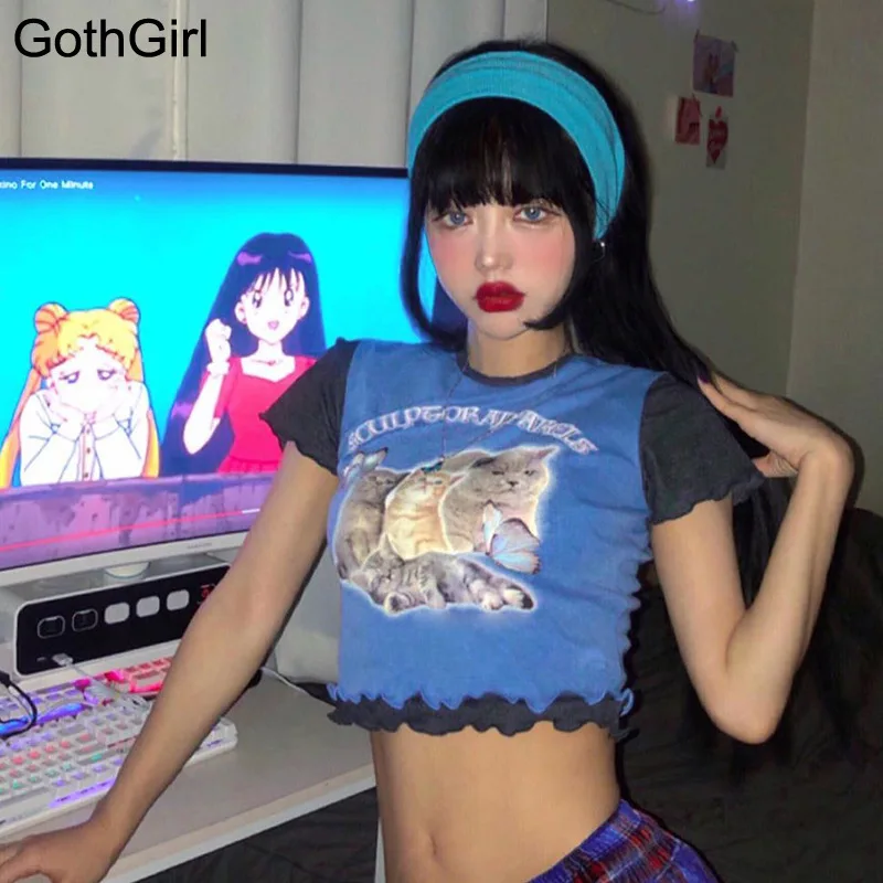 

Summer Casual Cat Print Cute Crop Top TShirt Cartoon Print Streetwear Short Sleeve Ruffles Hem T-shirt Ladies Tee Shirt