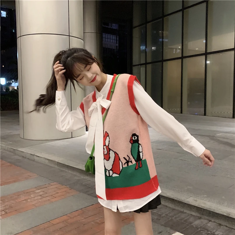 Women's Sweaters Japanese Cute Kawaii Ulzzang Sweet V-neck Sleeveless Sweater Female Korean Harajuku Vintage Clothing For Women | Женская